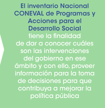 Inventario Nacional CONEVAL de programas y acciones de desarrollo social, tiene la finalidad de dar a conocer cuáles son as intervenciones del gobierno en ese ámbito y con ello, proveer información para la toma de deciciones para que contribuya a mejorar la política pública